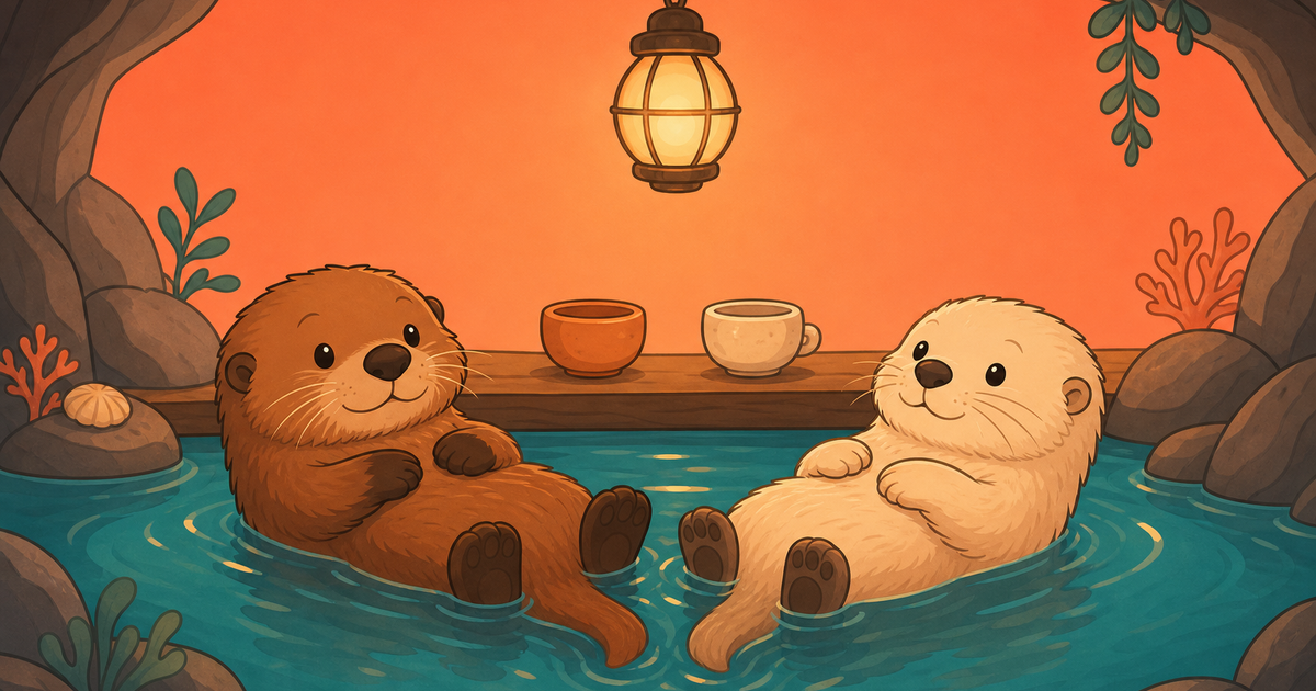 Two otters in a sheltered cove that feels like a room, warm lantern light above and two cups on a wooden ledge