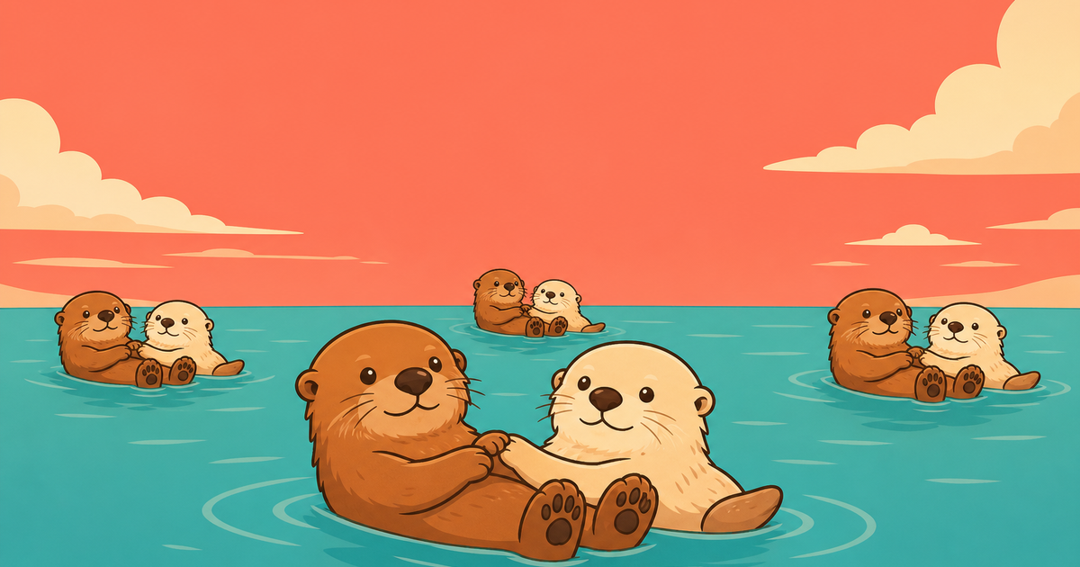 Several pairs of otters floating in a row on the water, one pair in the foreground