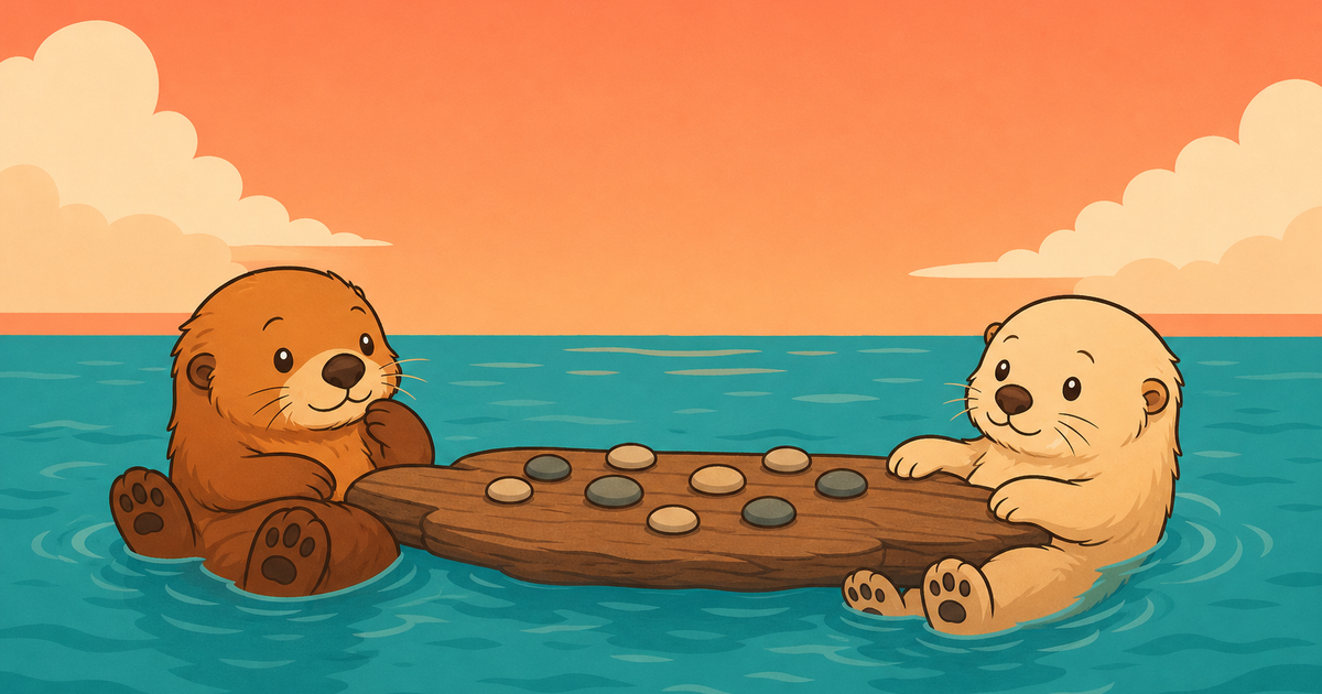 Two otters either side of a driftwood raft holding smooth pebbles arranged like game pieces