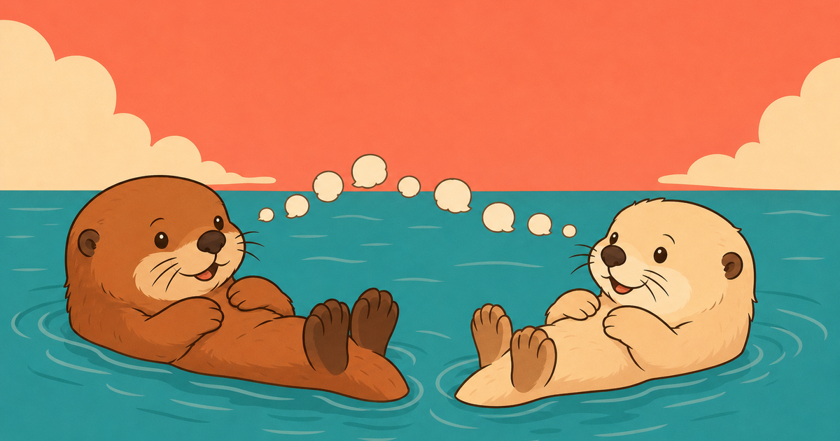 Two otters floating close together in conversation, small speech-bubble clouds drifting between them