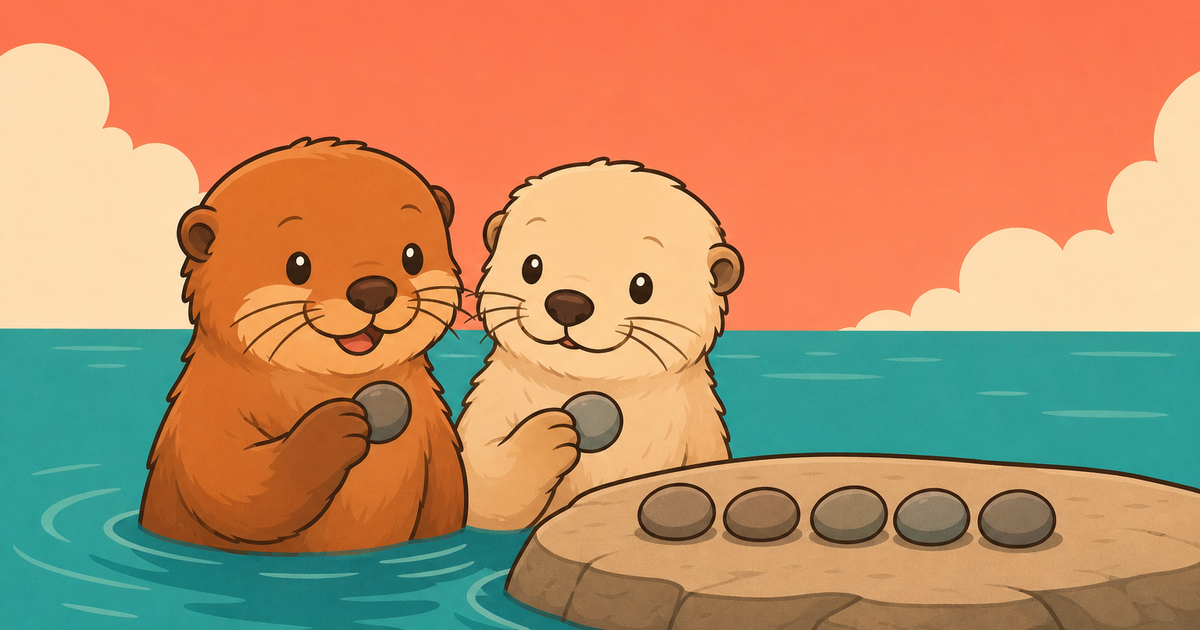 Two otters side by side holding scoring pebbles, with a row of pebbles counted out on a rock beside them