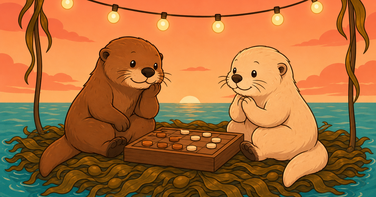 Two otters under warm string lights with a simple wooden board between them