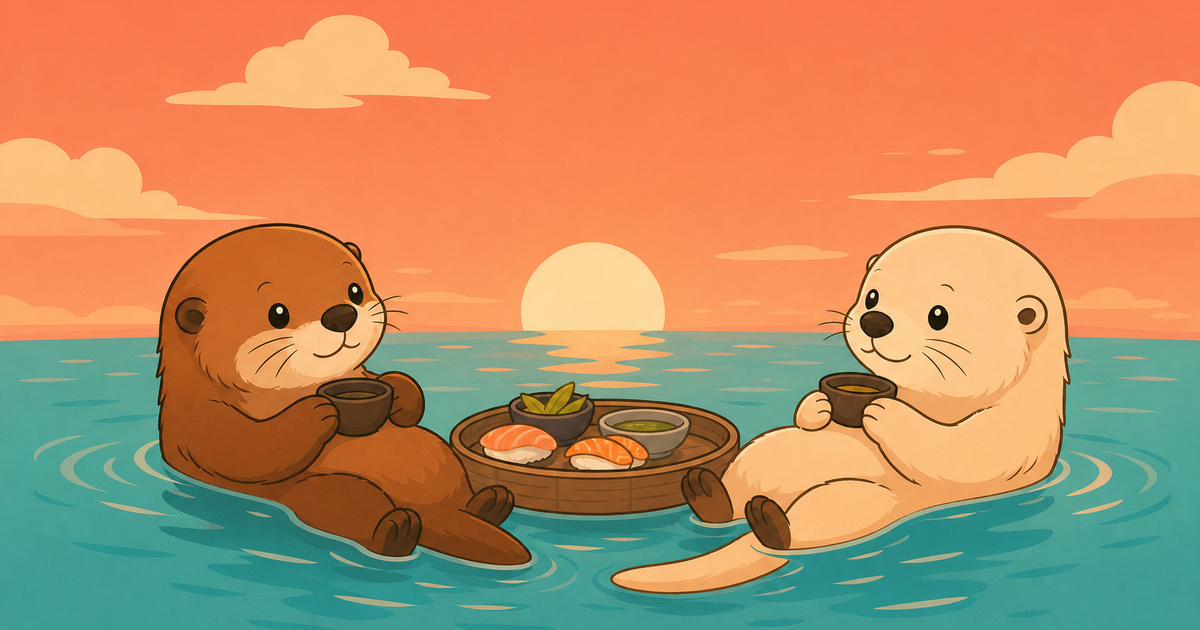 Two otters facing each other at dusk with a small floating tray of food between them