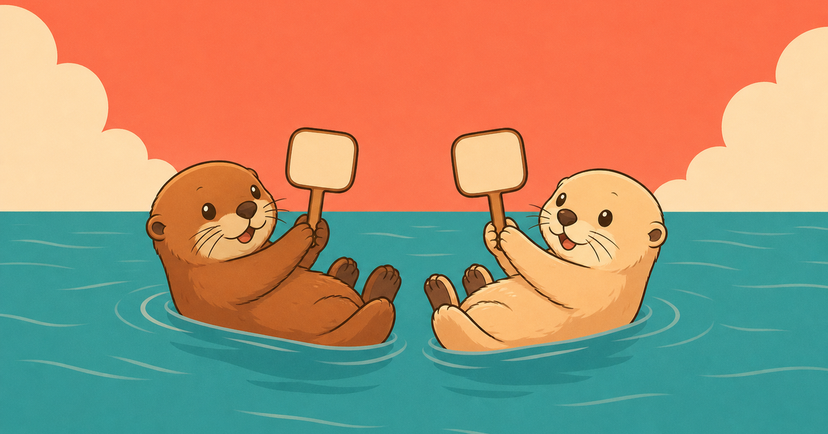 Two otters face to face holding up small blank paddles, answering at the same moment