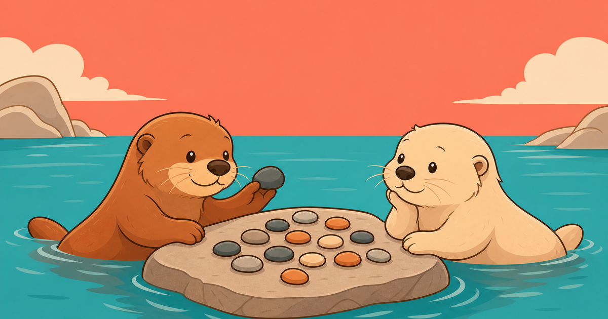 Dos nutrias a cada lado de una losa de piedra con piedras colocadas como fichas de juego