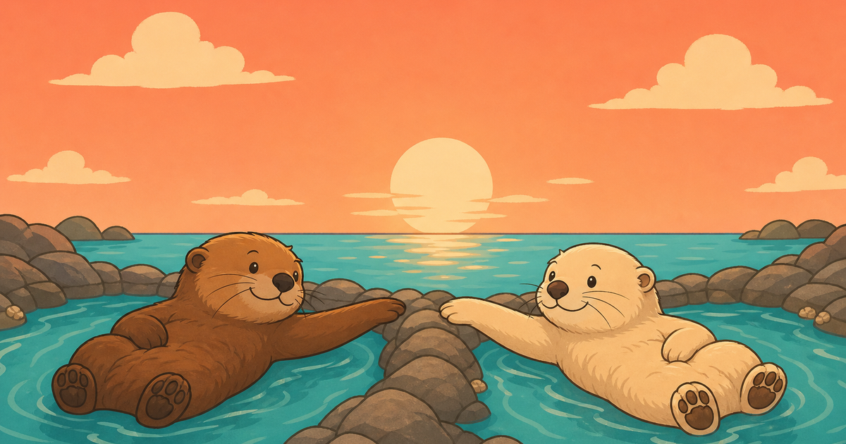Two otters in separate pools divided by a low ridge, each reaching a paw towards the other under one evening sky