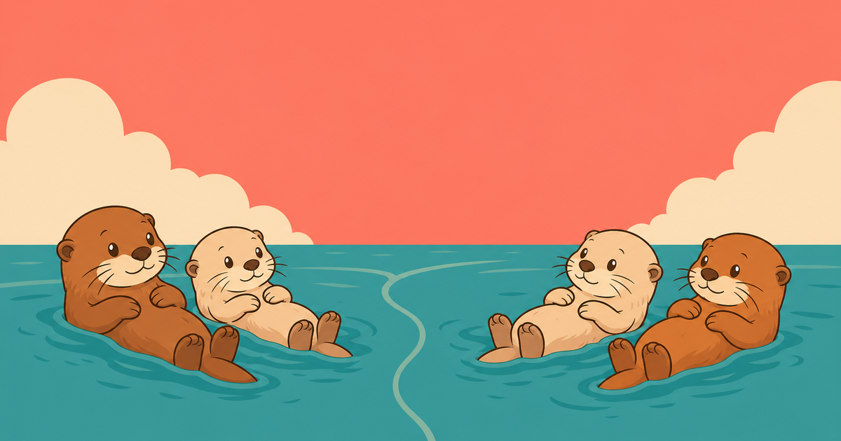 Two pairs of otters floating either side of a divide in the water, looking across at each other