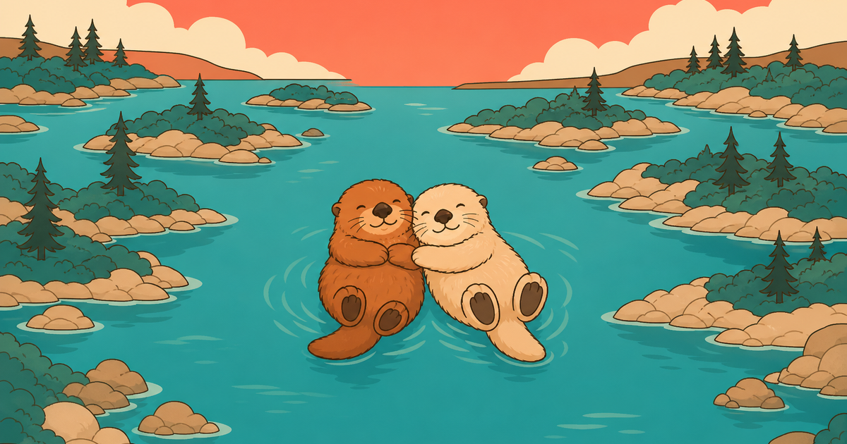 Two otters at the centre of a wide calm bay with small channels of water branching outwards around them