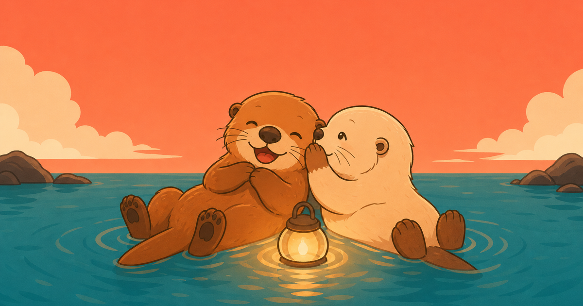 Two otters close together in evening water, one leaning in mid whisper while the other laughs