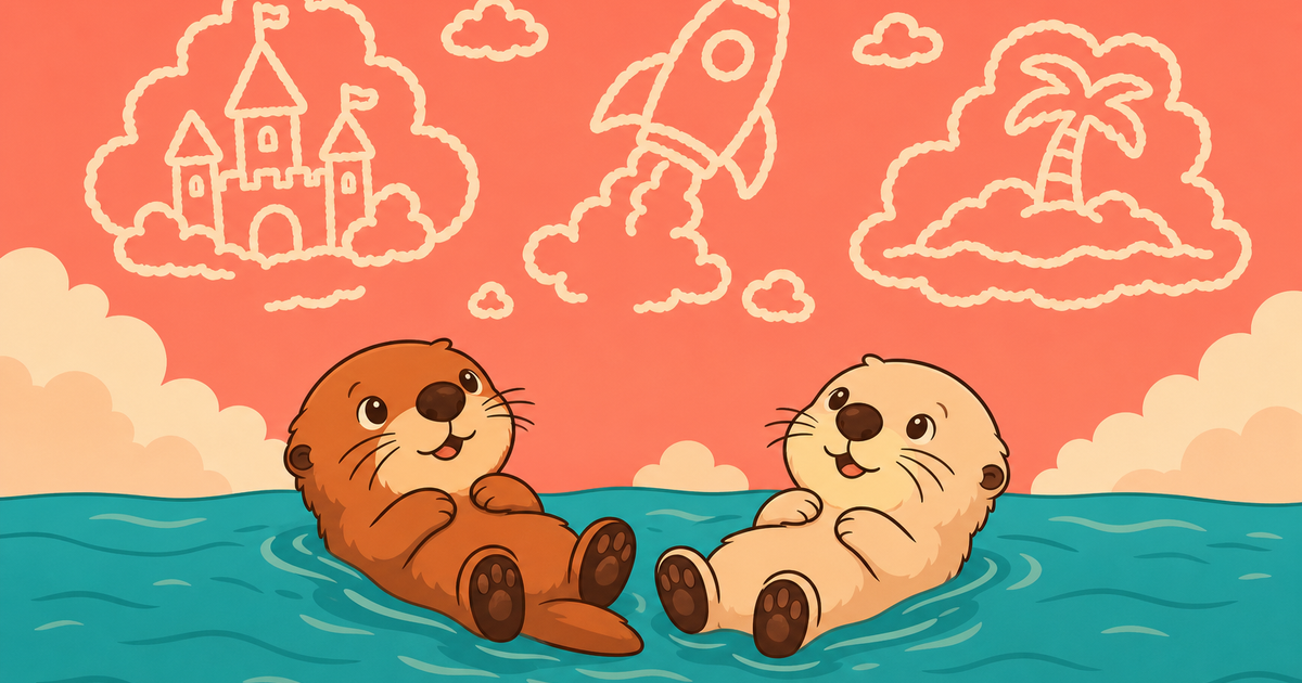 Two otters floating on their backs, daydreaming castle, rocket and island shapes in the clouds