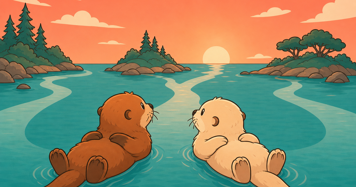 Two otters at golden hour looking out at three paths of water leading in different directions