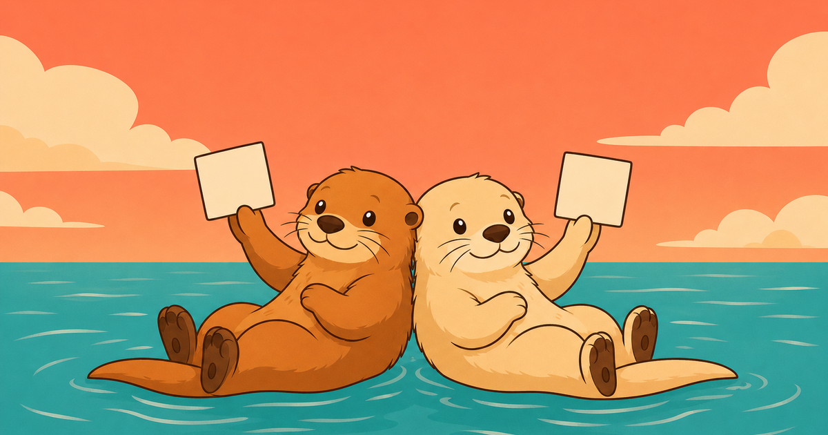 Two otters back to back holding up small cards, answering at the same moment