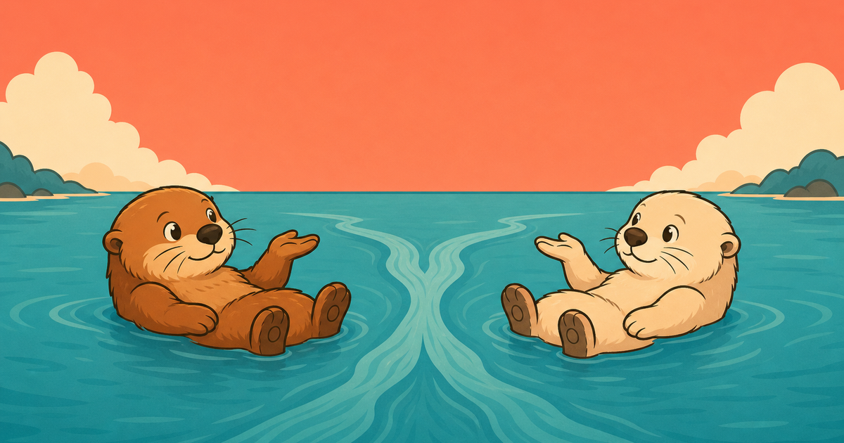 Two otters floating face to face on either side of a fork in the current, each weighing a different choice
