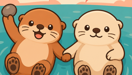The two Ottermates otters side by side, one holding a pebble
