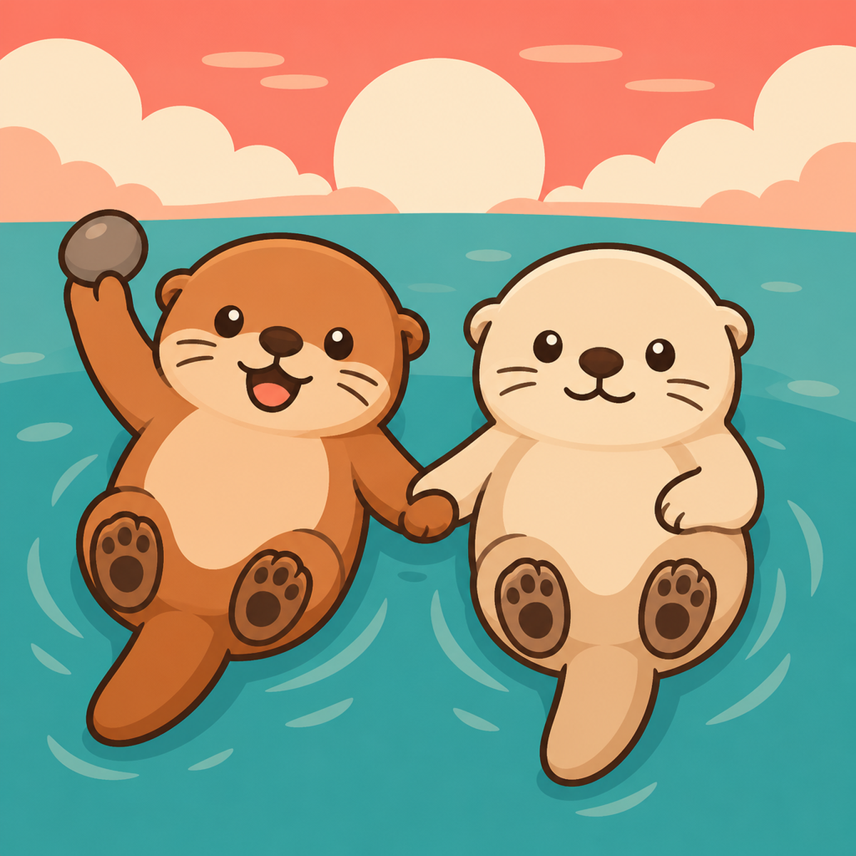 Two otters floating side by side holding paws, the Ottermates couple mascots