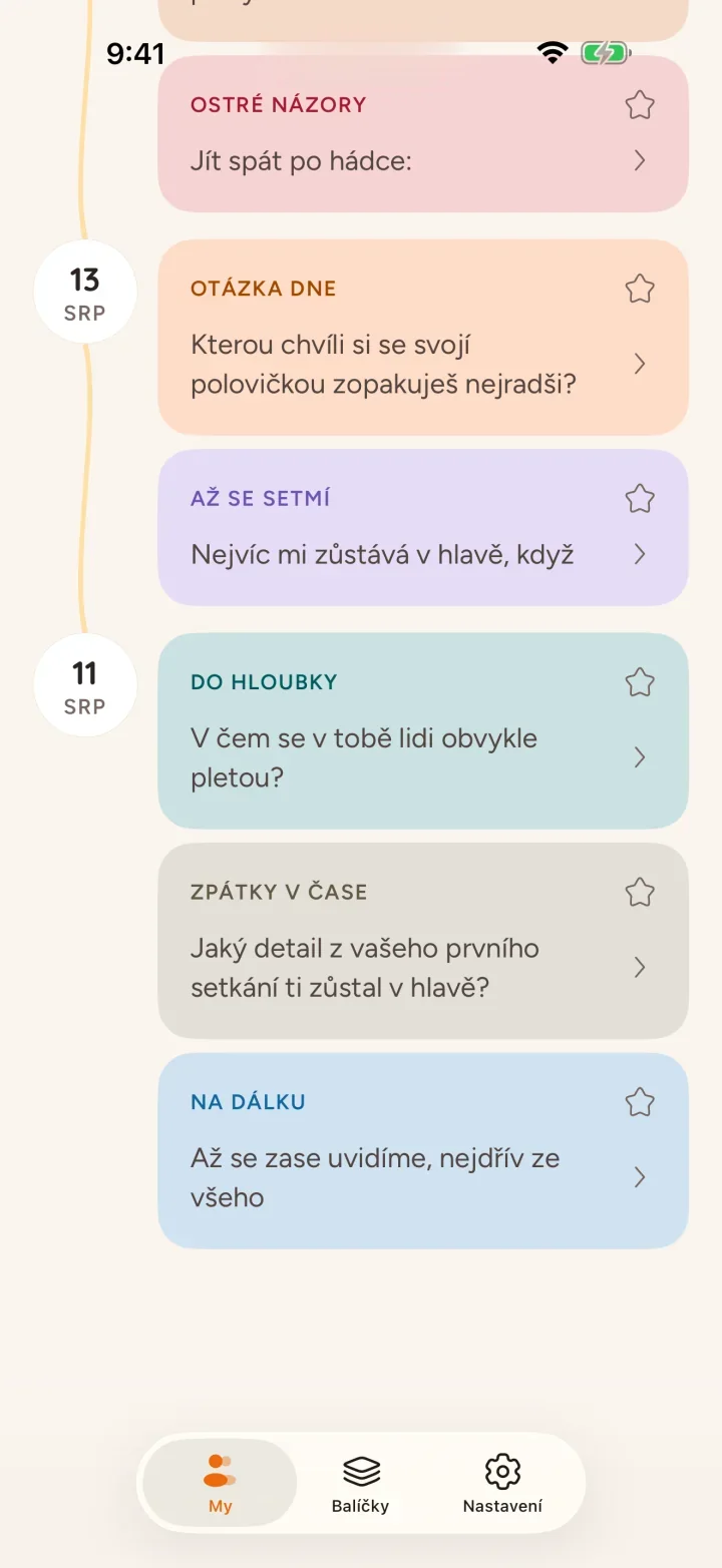 Odpovědi a celý společný příběh, s barvou balíčku u každé otázky