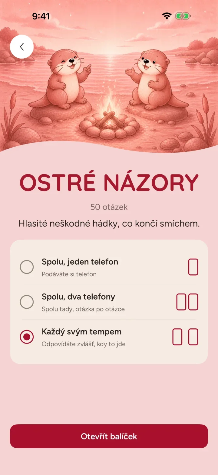 Balíček Ostré názory v aplikaci Ottermates, s 50 lehkými debatami a třemi způsoby hry