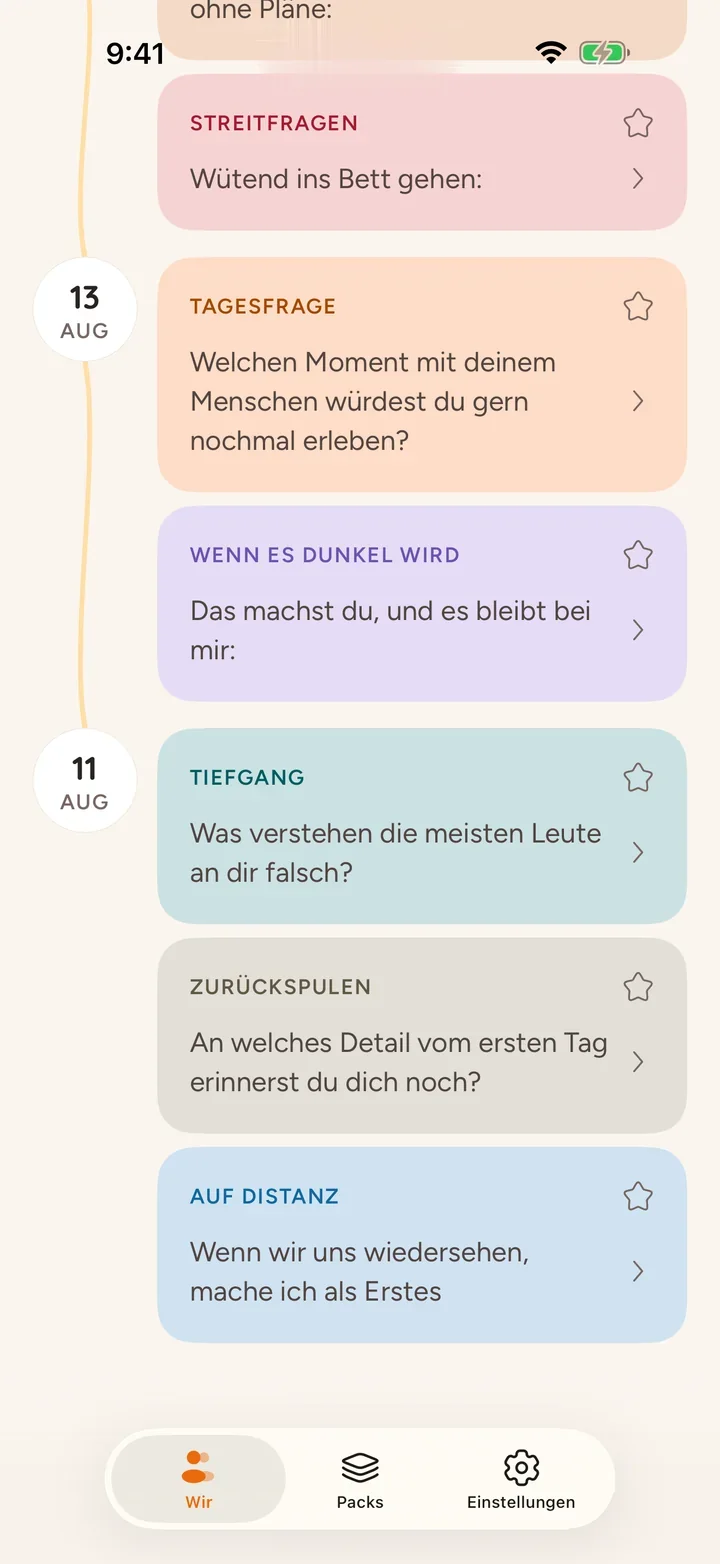 Eure Antworten und die gemeinsame Geschichte an einem Ort, farblich nach Fragenpaket sortiert