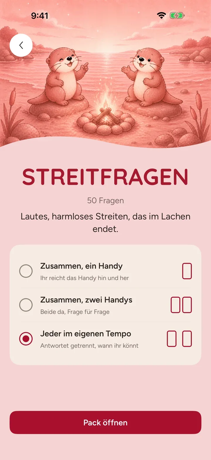Das Paket Streitfragen in Ottermates mit 50 harmlosen Debatten und drei Spielarten