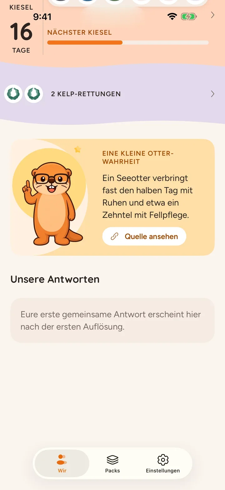 Die gemeinsame Startseite in Ottermates mit zwei Ottern, einer Serie von 14 Tagen und der Tagesfrage