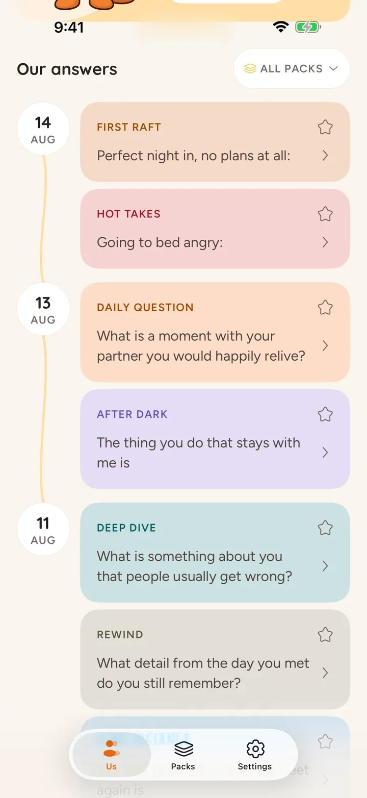 Our answers: every question the couple has both answered, kept together and colour coded by the pack it came from
