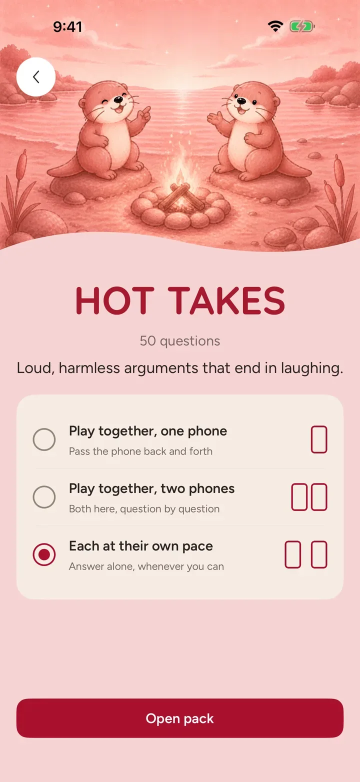 The Hot Takes question pack in Ottermates: 50 questions of loud, harmless arguments, with three ways to play