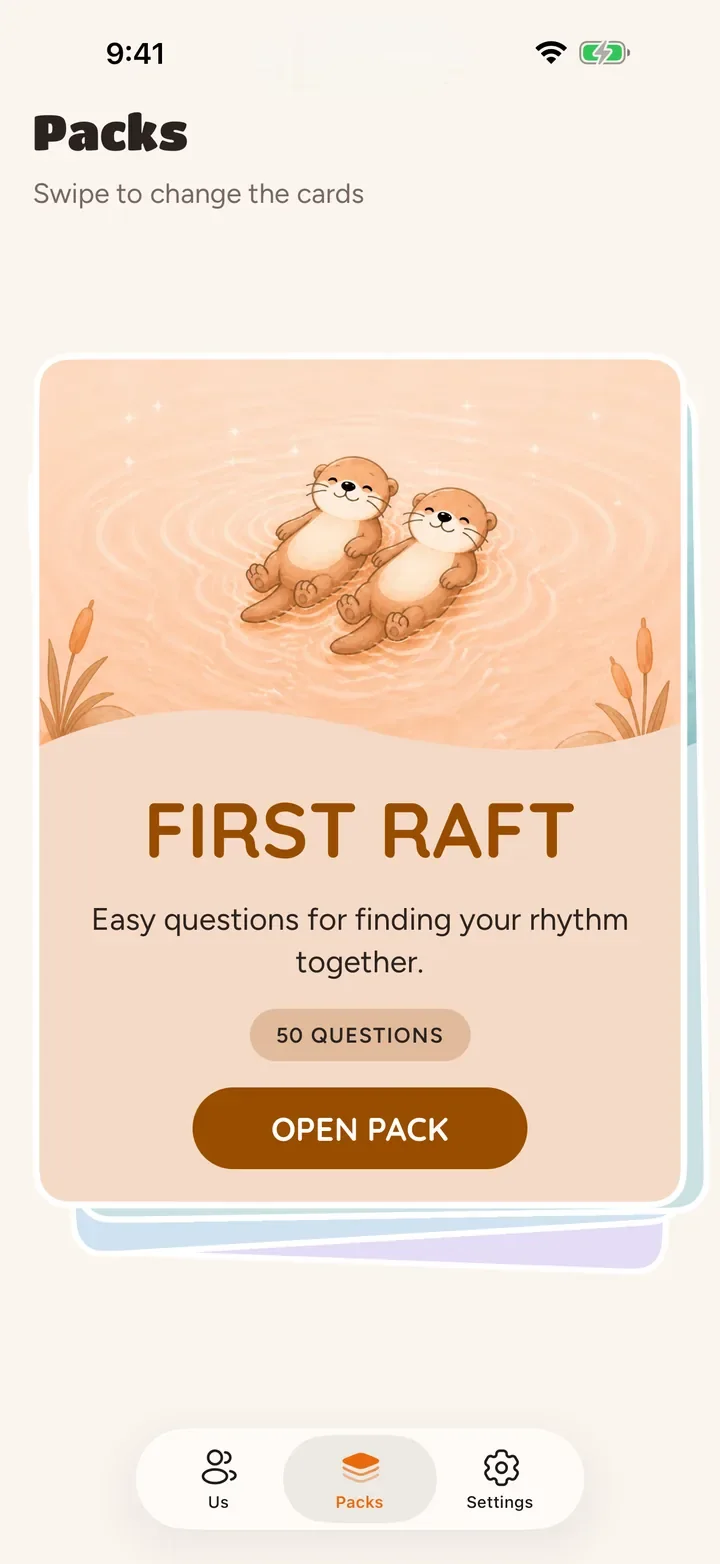 The packs shelf, with the First Raft pack open on the card stack
