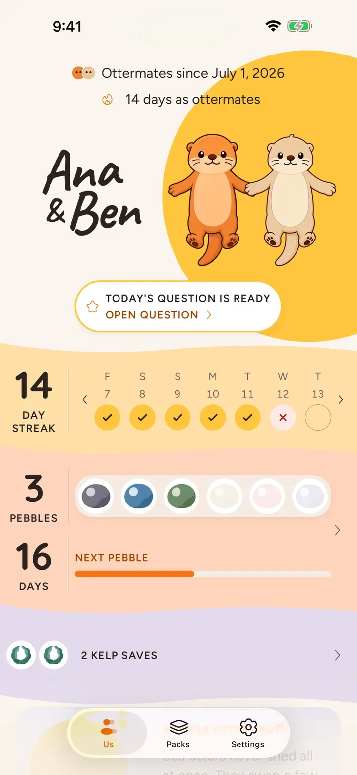 The Ottermates home screen for a couple, showing their two otters, a 14 day streak and today's question ready to open