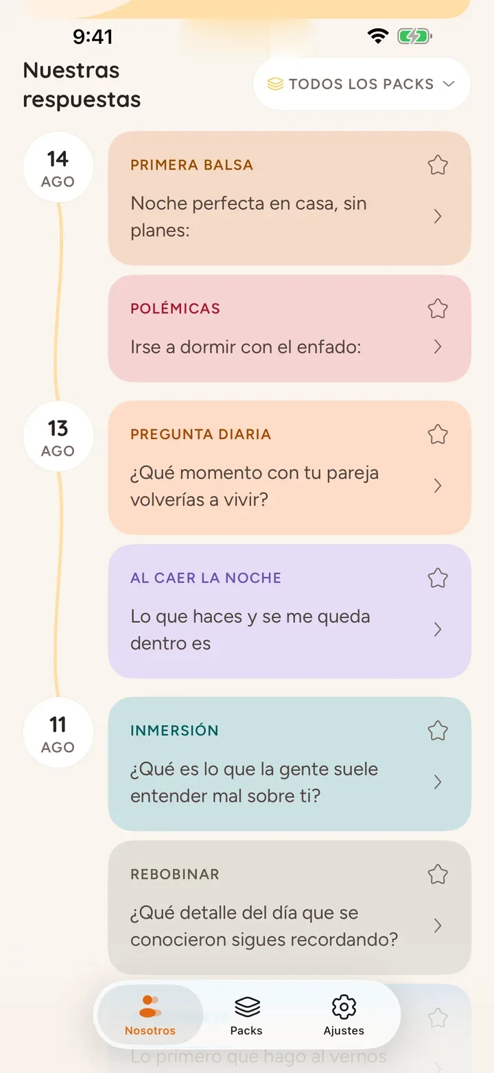 Nuestras respuestas, con todo el historial de la pareja en un mismo lugar y el color del pack de cada pregunta