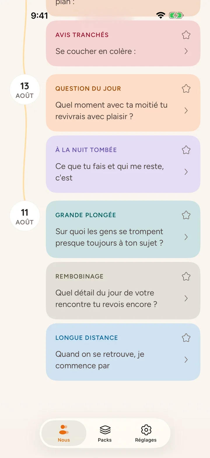 Vos réponses et toute votre histoire au même endroit, avec la couleur de chaque pack