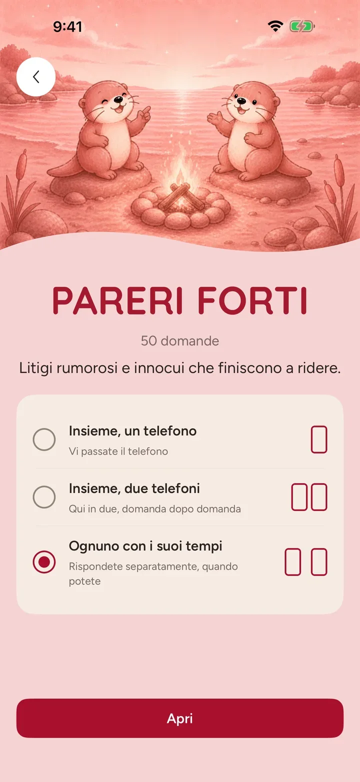 Il pacchetto Pareri forti in Ottermates, con 50 discussioni innocue e tre modi di giocare