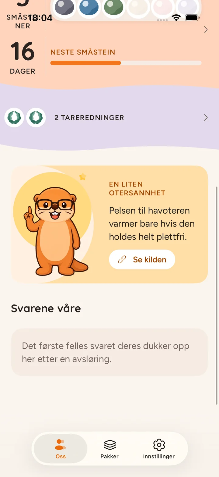 Hjemskjermen i Ottermates med to otere, en rekke på 14 dager og dagens spørsmål