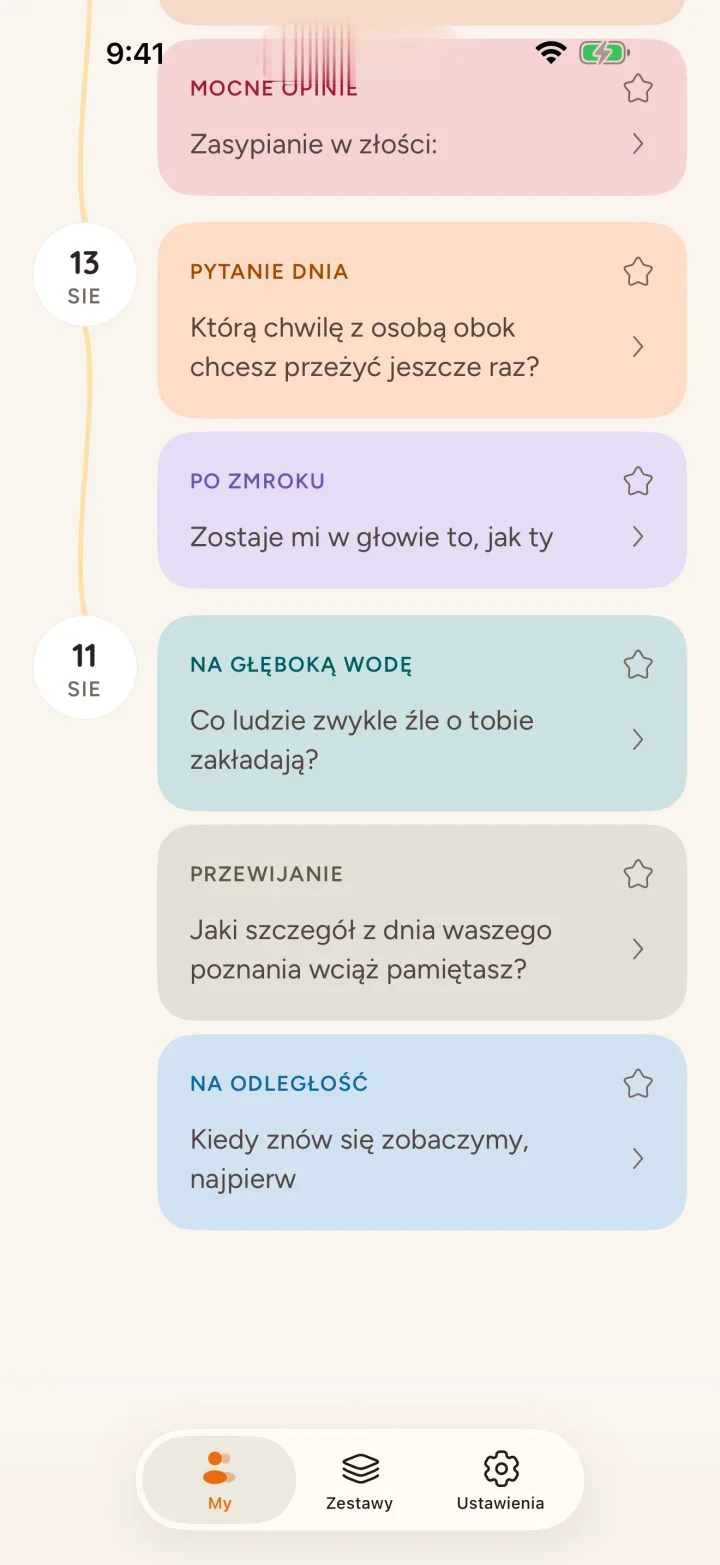 Odpowiedzi i cała wspólna historia, z kolorem pakietu przy każdym pytaniu