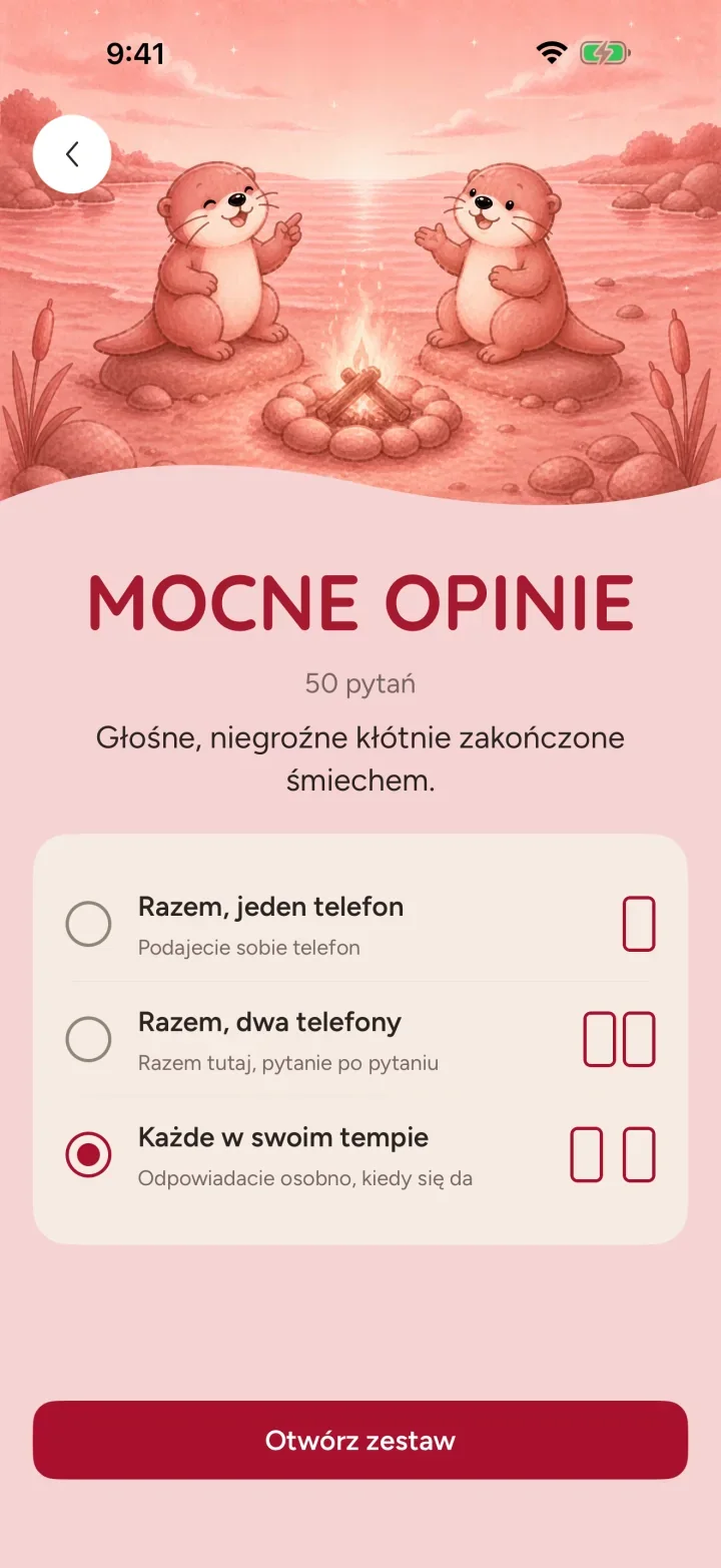 Pakiet Mocne opinie w Ottermates, z 50 lekkimi dyskusjami i trzema sposobami gry