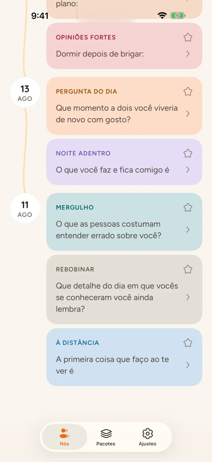 As respostas e toda a história de vocês juntas, com a cor do pacote de cada pergunta