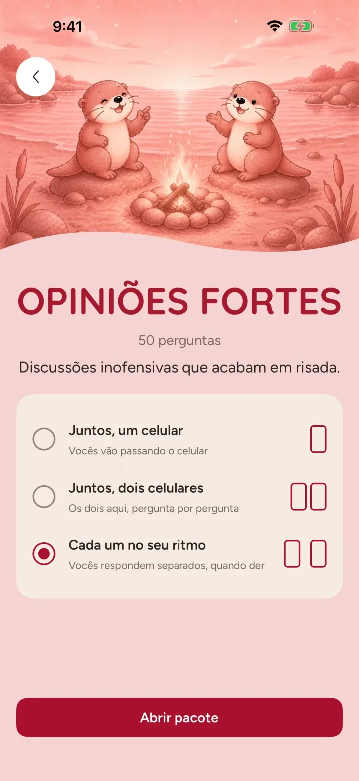 O pacote Opiniões fortes no Ottermates, com 50 discussões leves e três jeitos de jogar