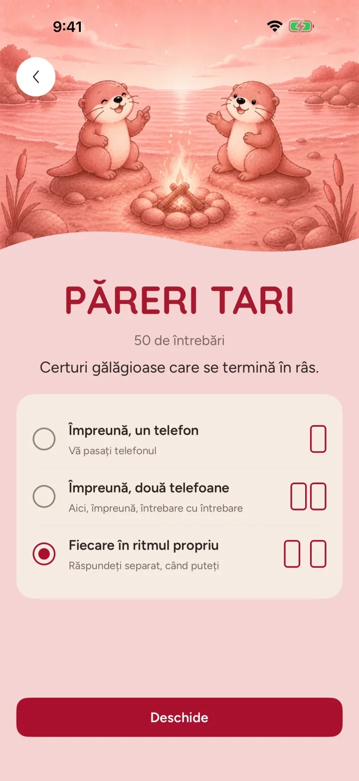 Pachetul Păreri tari din Ottermates, cu 50 de discuții ușoare și trei moduri de joc