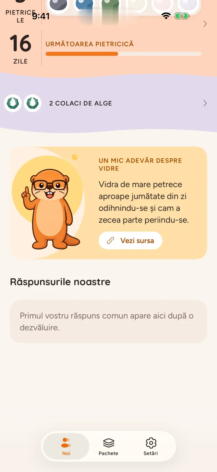 Ecranul principal Ottermates cu două vidre, o serie de 14 zile și întrebarea de azi pregătită