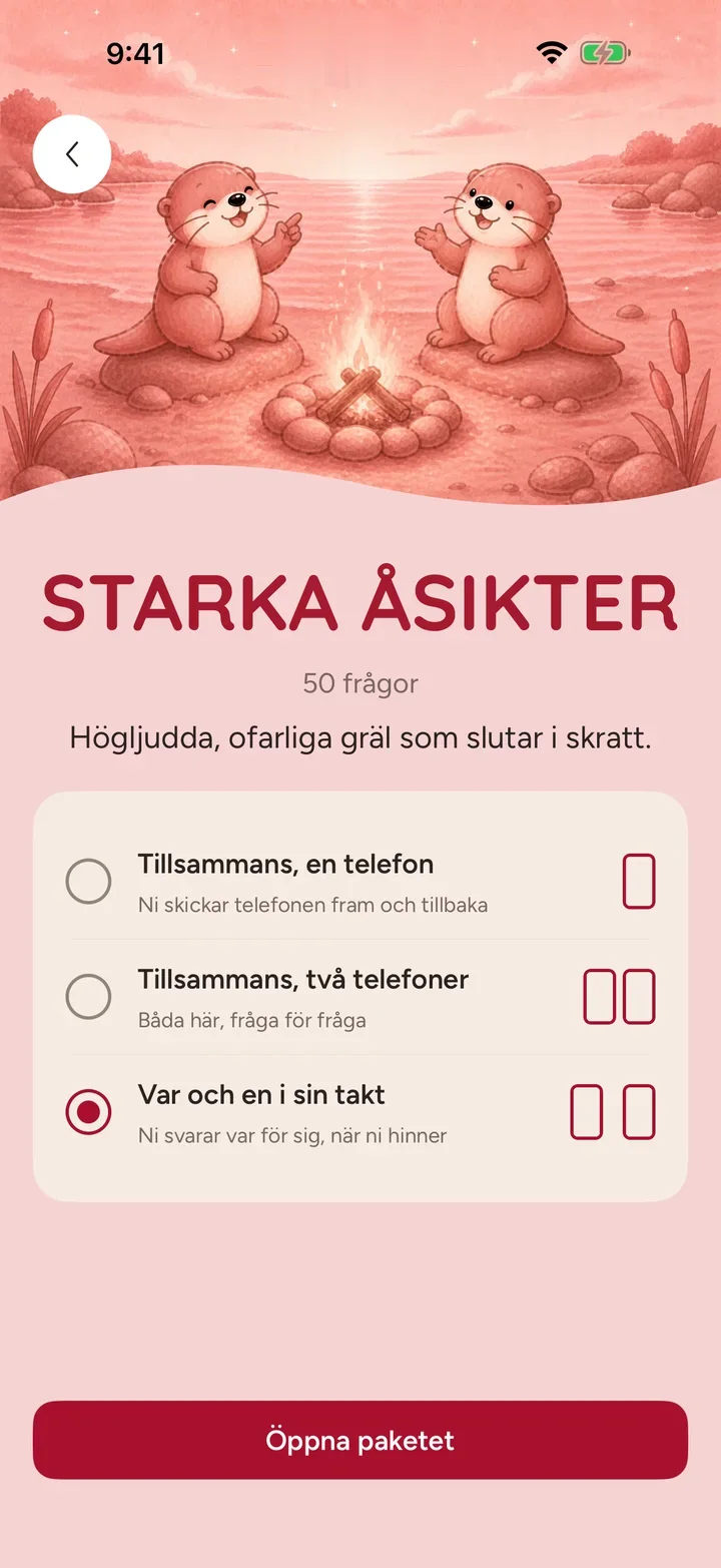 Paketet Starka åsikter i Ottermates med 50 lätta debatter och tre spellägen
