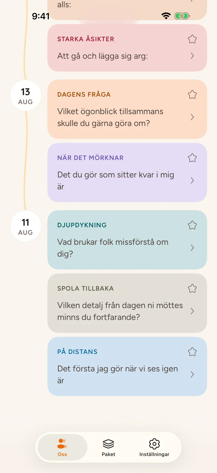 Svar och hela den gemensamma historien med paketfärg vid varje fråga