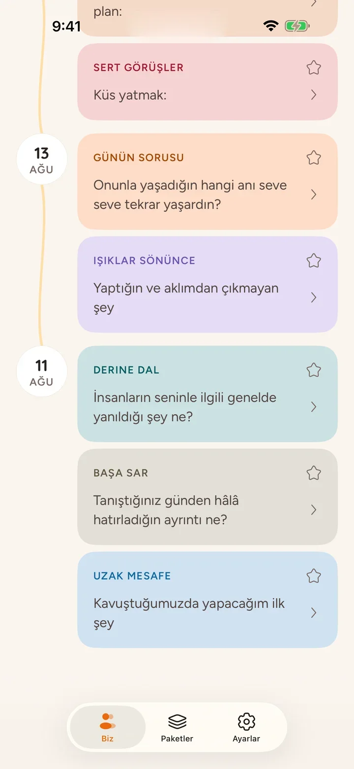 Her soruda paket rengiyle cevaplar ve ortak hikâyenin tamamı