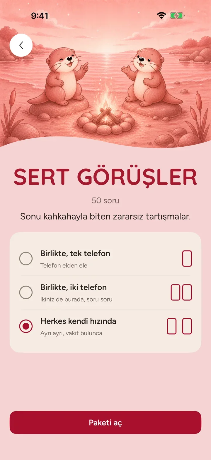 Ottermates'teki Sert görüşler paketi, 50 hafif tartışma ve üç oyun biçimi