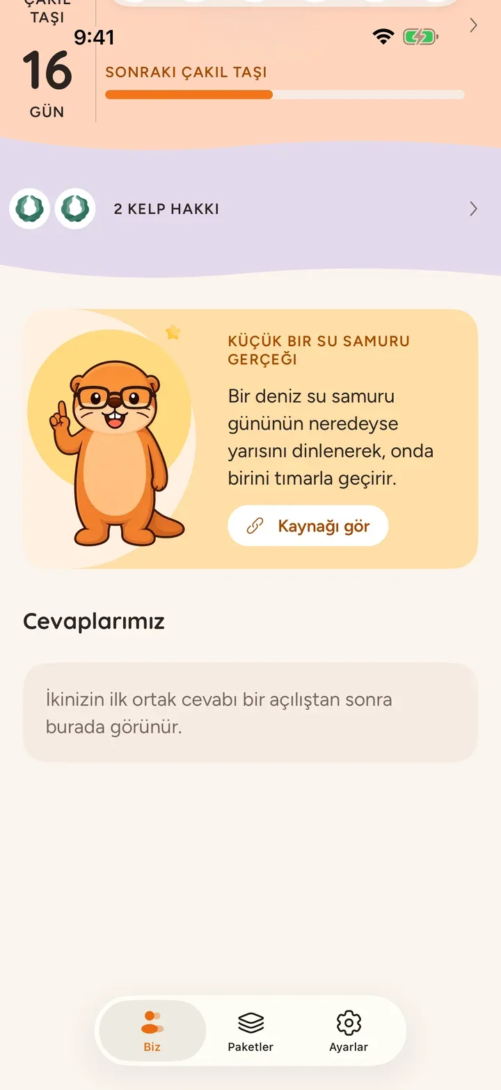 İki su samuru, 14 günlük seri ve hazır günün sorusuyla Ottermates ana ekranı